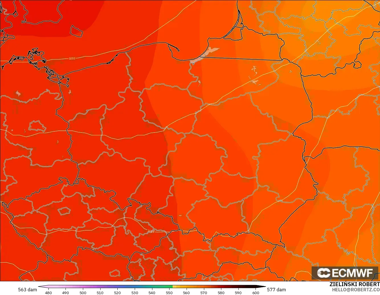 ECMWF IFS 0.25° modelo - Polonia, Altura geopotencial a 500 hPa