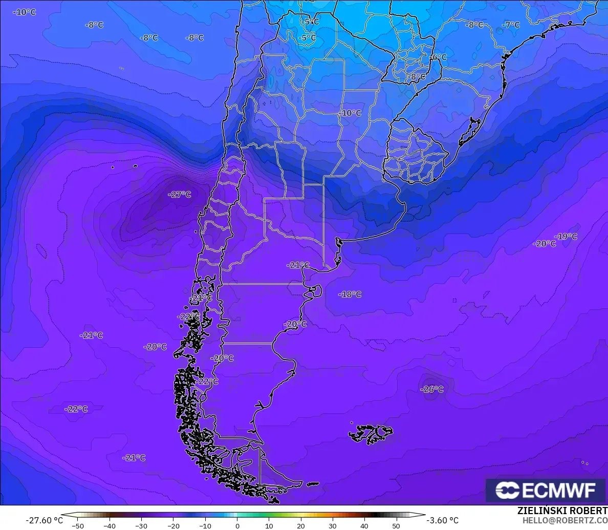 ECMWF IFS 0.25° modelo - Argentina, Temperatura a 500 hPa