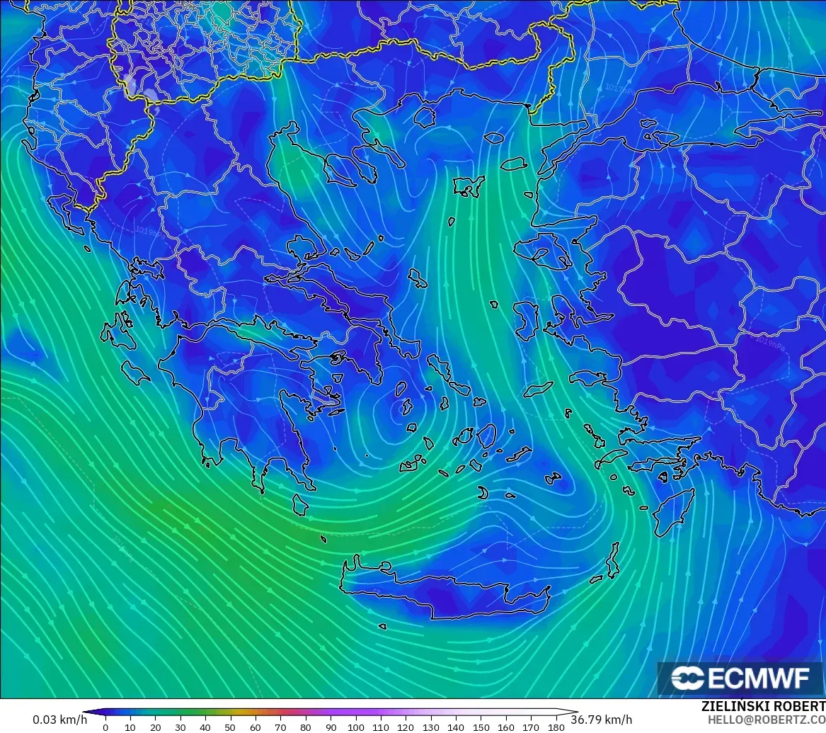 ECMWF IFS 0.25° modelo - Grecia, Viento a 10 m
