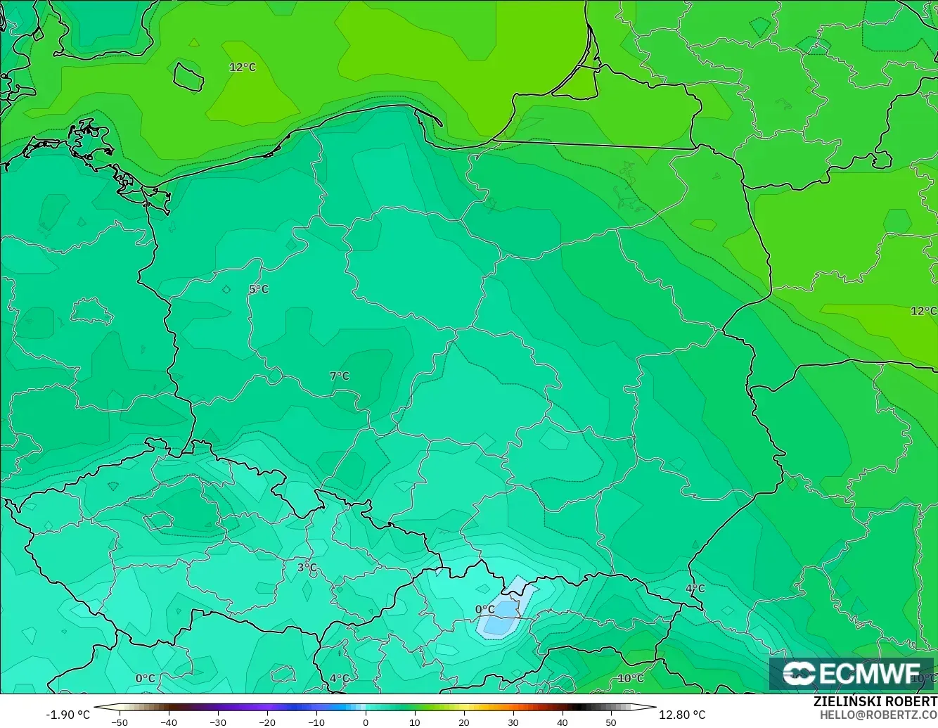 ECMWF IFS 0.25° modelo - Polonia, Temperatura a 2 m