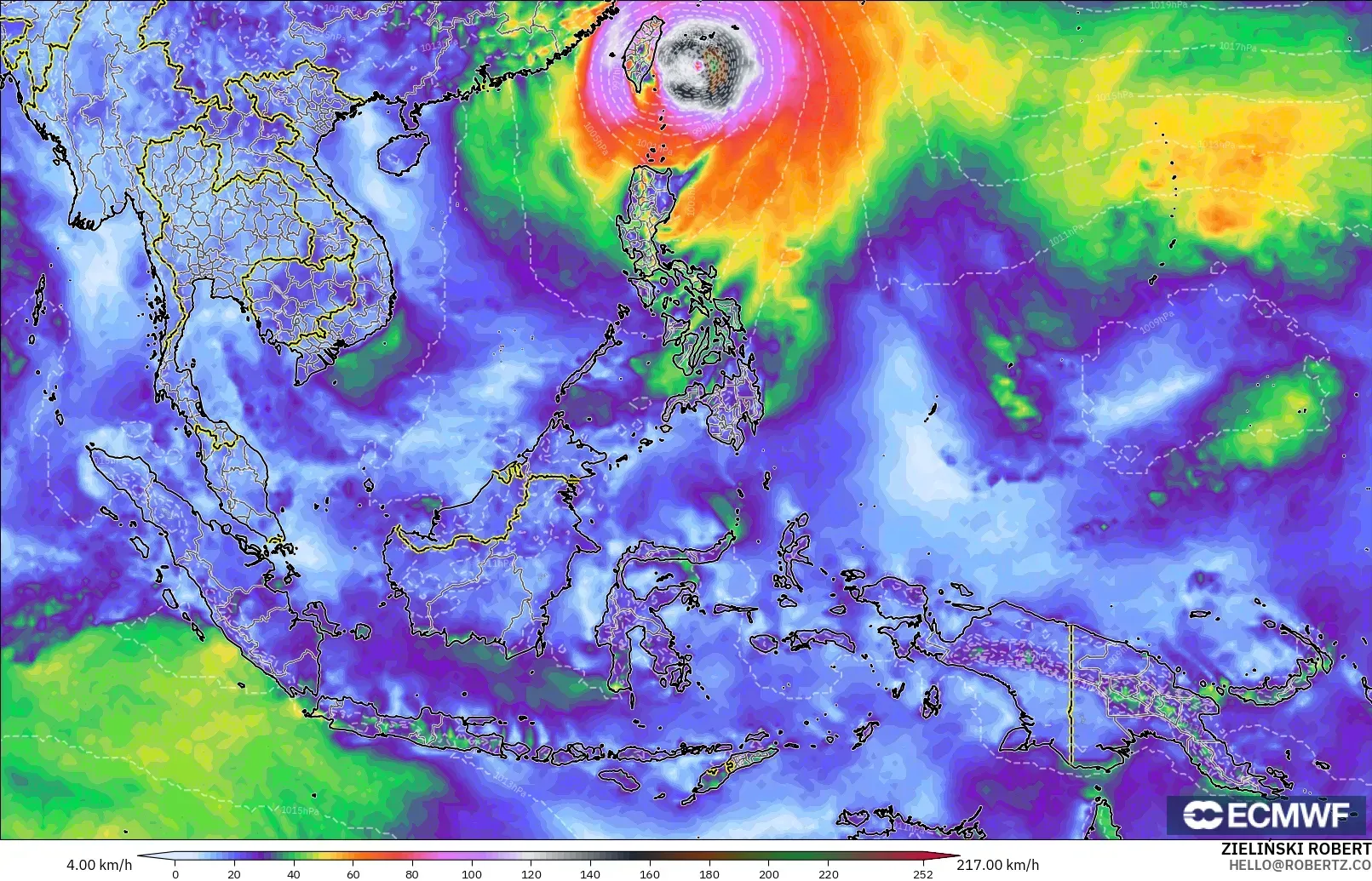 ECMWF IFS 0.25° modelo - Sudeste Asiático, Ráfagas de Viento Máximas