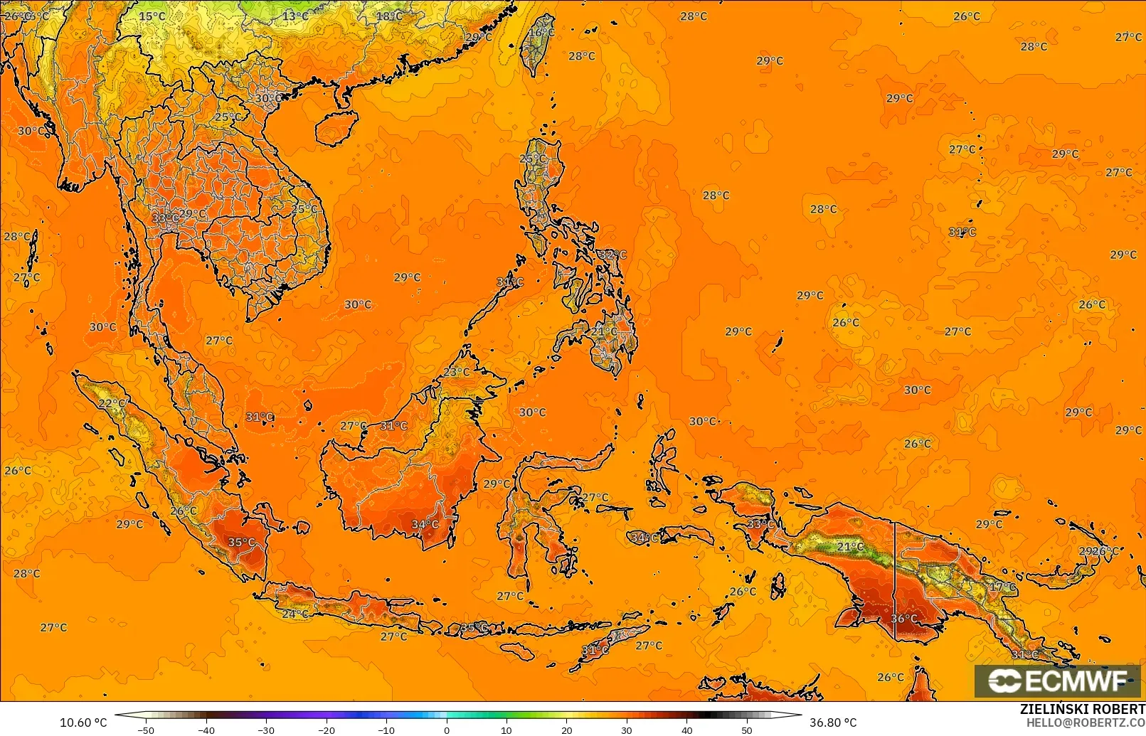 ECMWF IFS 0.25° modelo - Sudeste Asiático, Temperatura a 2 m