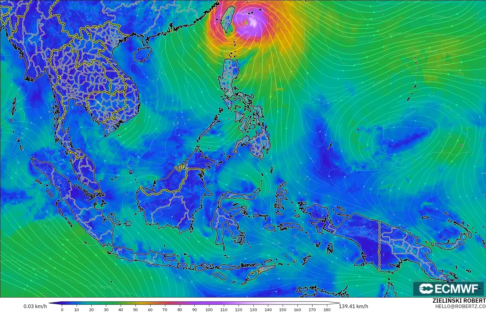 ECMWF IFS 0.25° modelo - Sudeste Asiático, Viento a 10 m