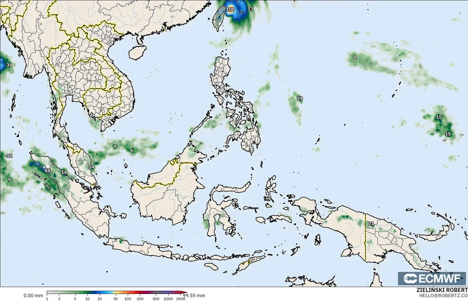 ECMWF IFS 0.25° modelo - Sudeste Asiático, Acumulación de precipitación