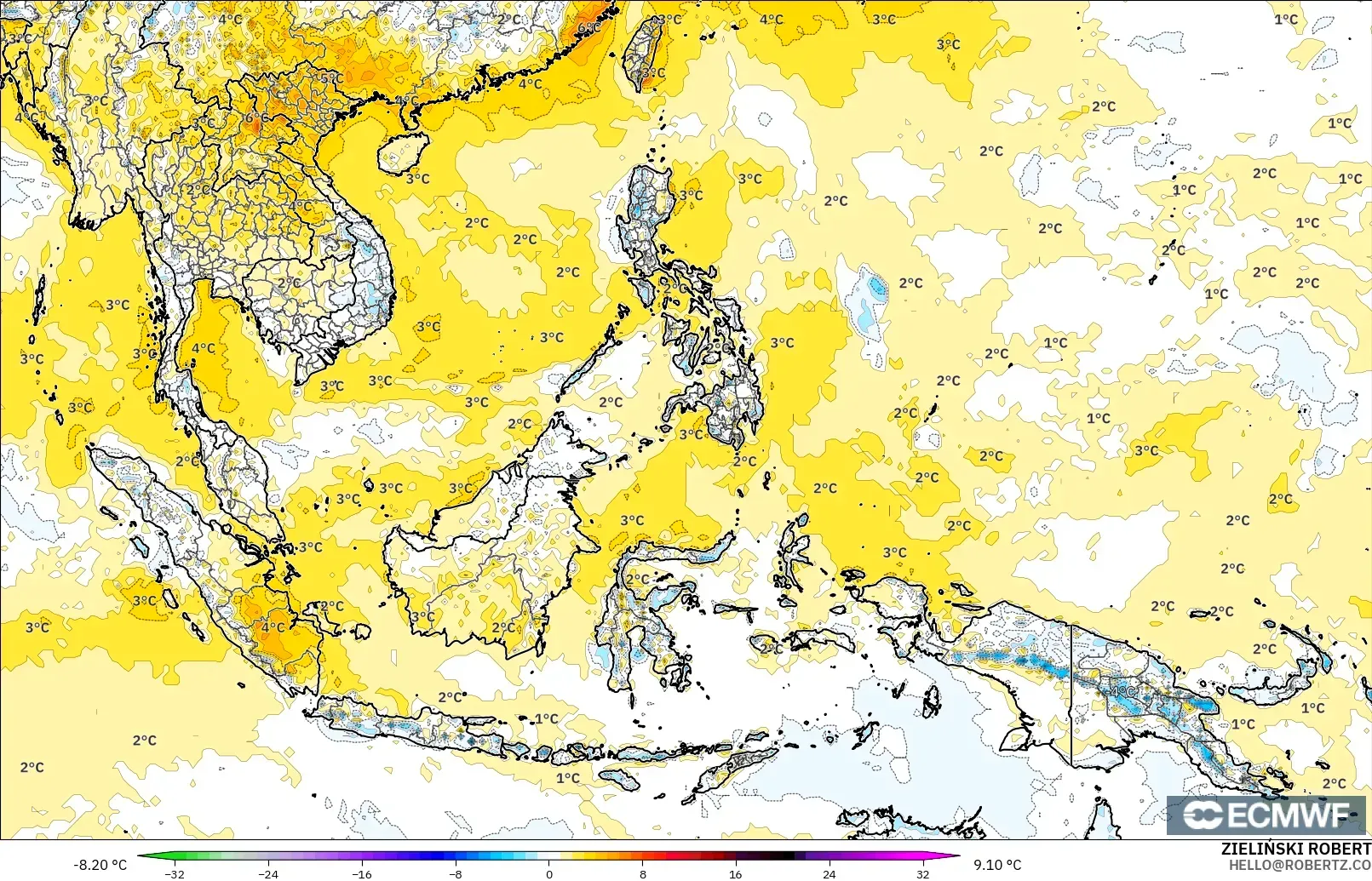 ECMWF IFS 0.25° modelo - Sudeste Asiático, Anomalía de temperatura a 2 m