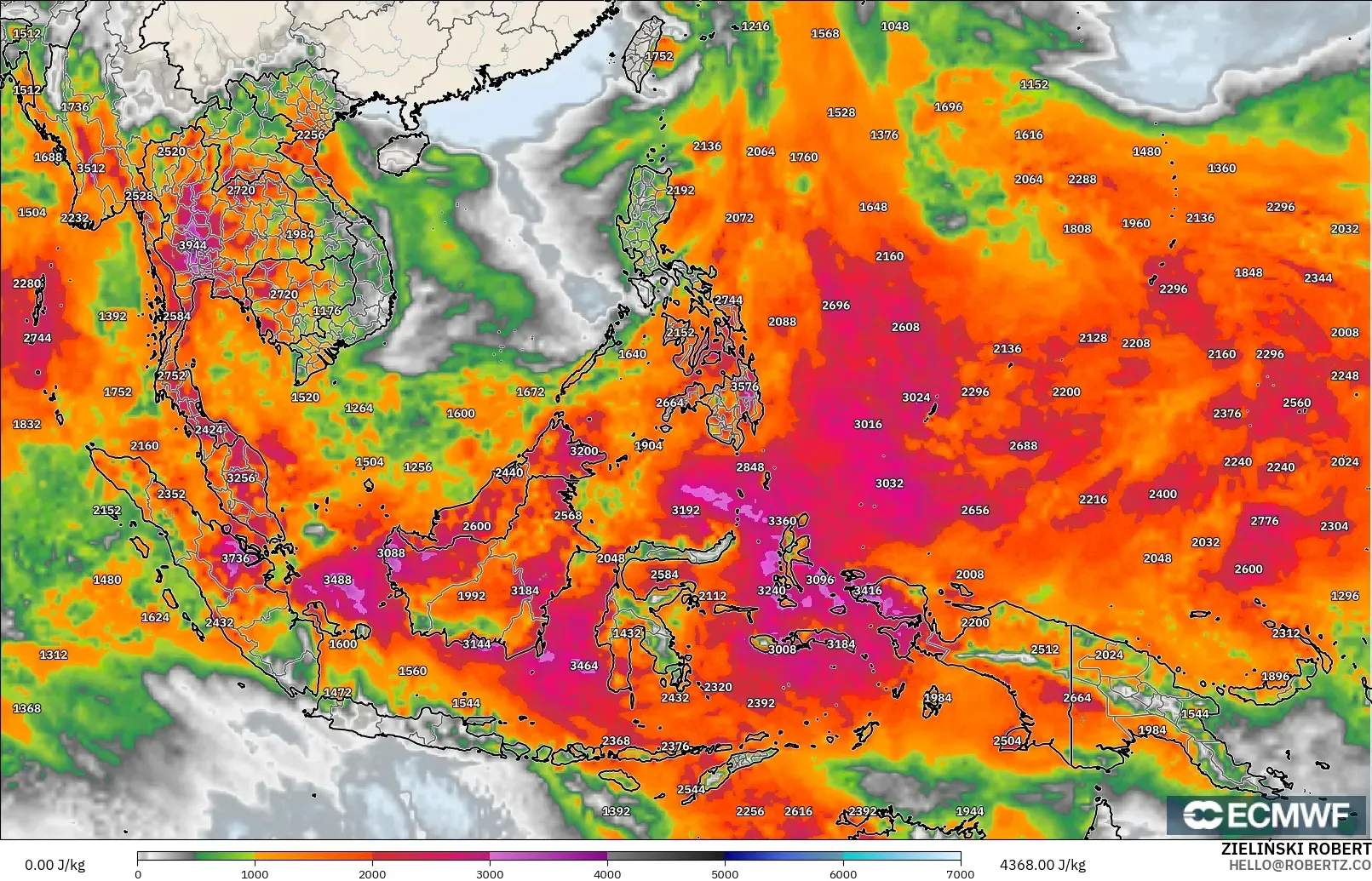 ECMWF IFS 0.25° modelo - Sudeste Asiático, CAPE