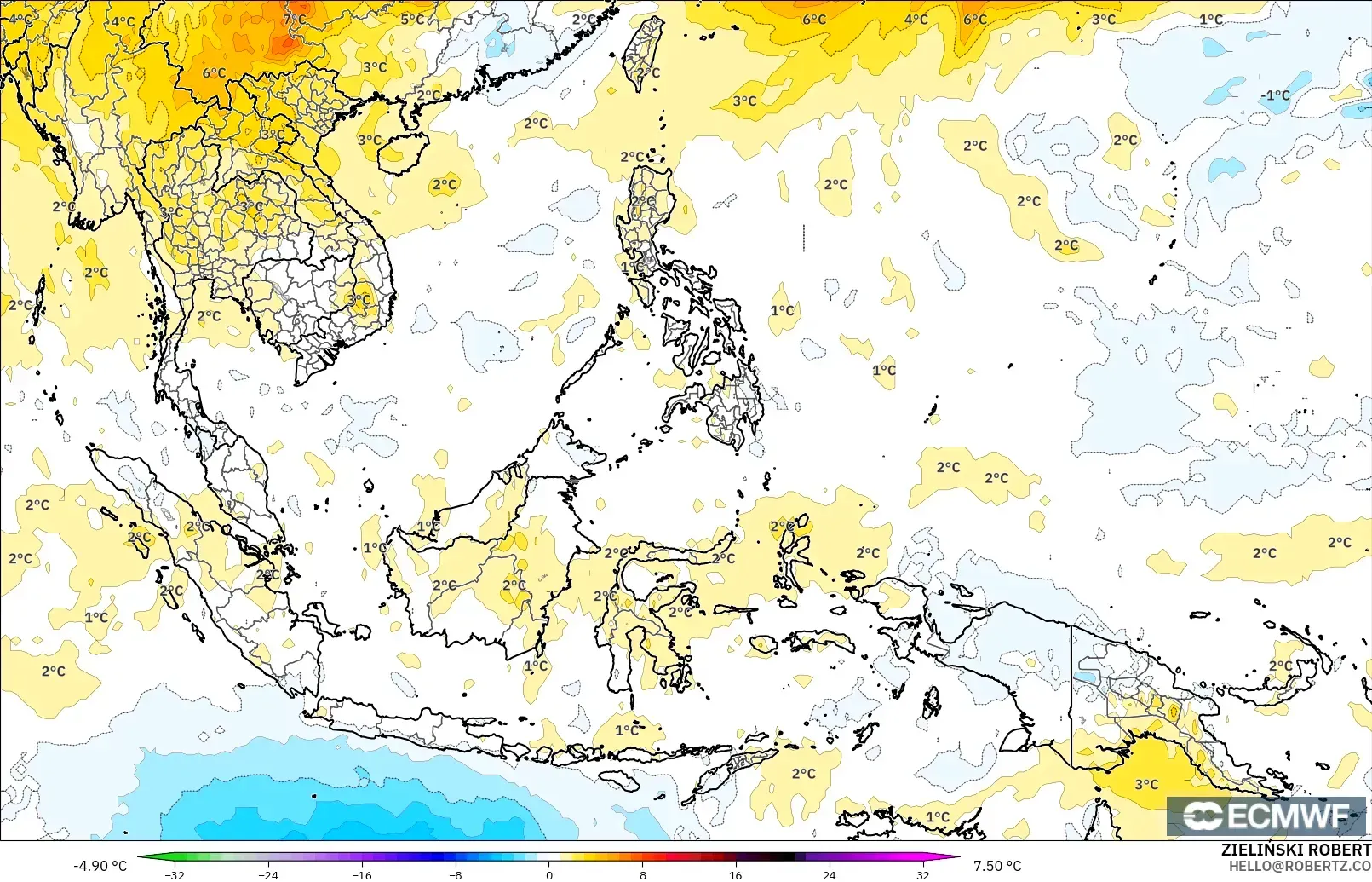 ECMWF IFS 0.25° modelo - Sudeste Asiático, Anomalía de temperatura a 850 hPa
