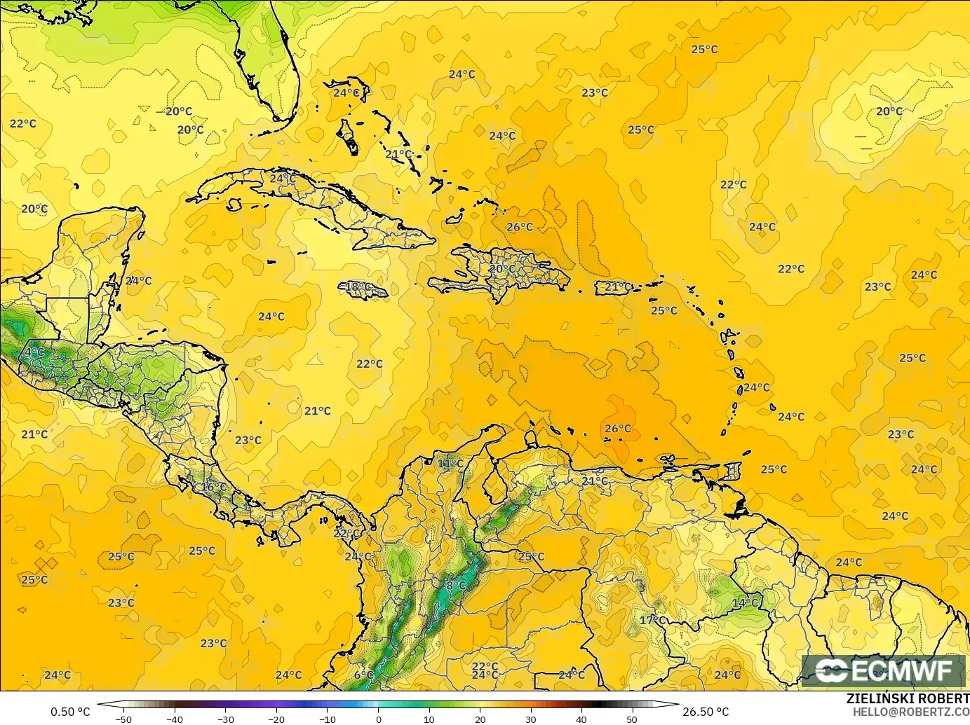 ECMWF IFS 0.25° modelo - Caribe, Punto de rocío a 2 m