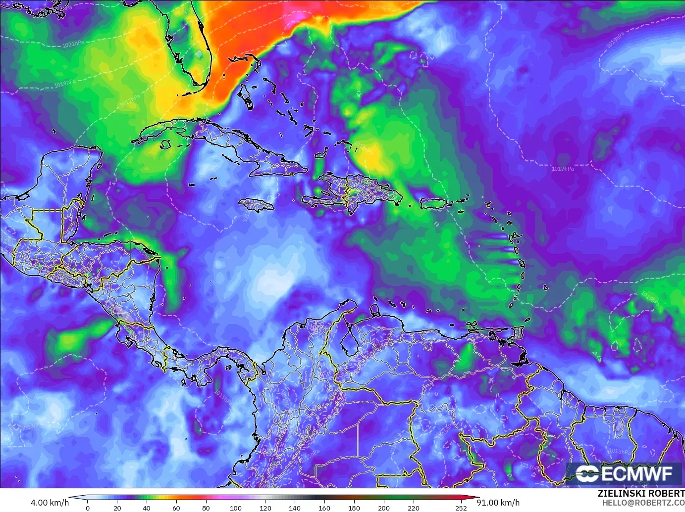 ECMWF IFS 0.25° modelo - Caribe, Ráfagas de viento