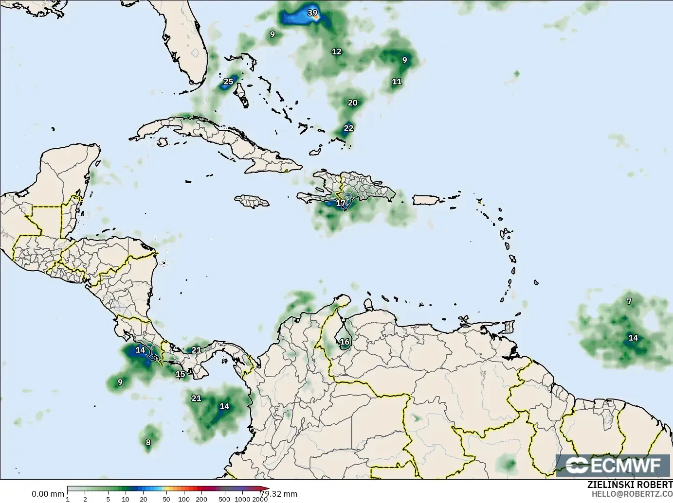 ECMWF IFS 0.25° modelo - Caribe, Acumulación de precipitación