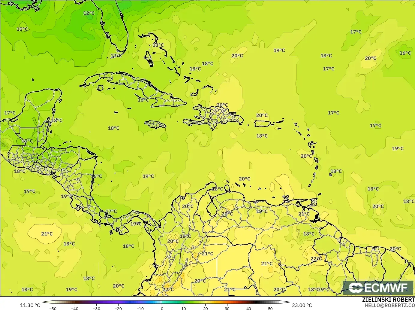 ECMWF IFS 0.25° modelo - Caribe, Temperatura a 850 hPa