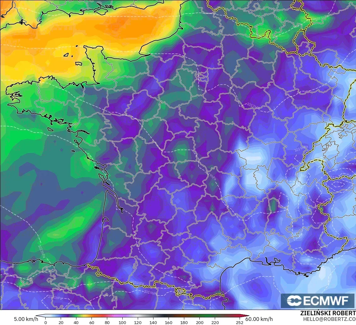 ECMWF IFS 0.25° modelo - Francia, Ráfagas de viento