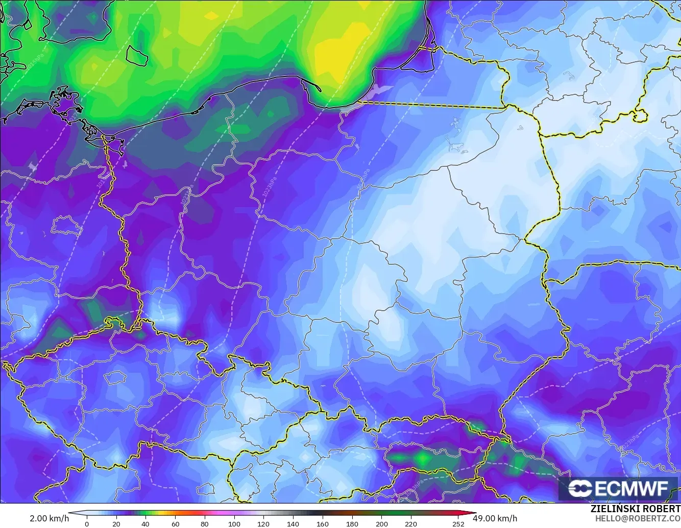 ECMWF IFS 0.25° modelo - Polonia, Ráfagas de viento