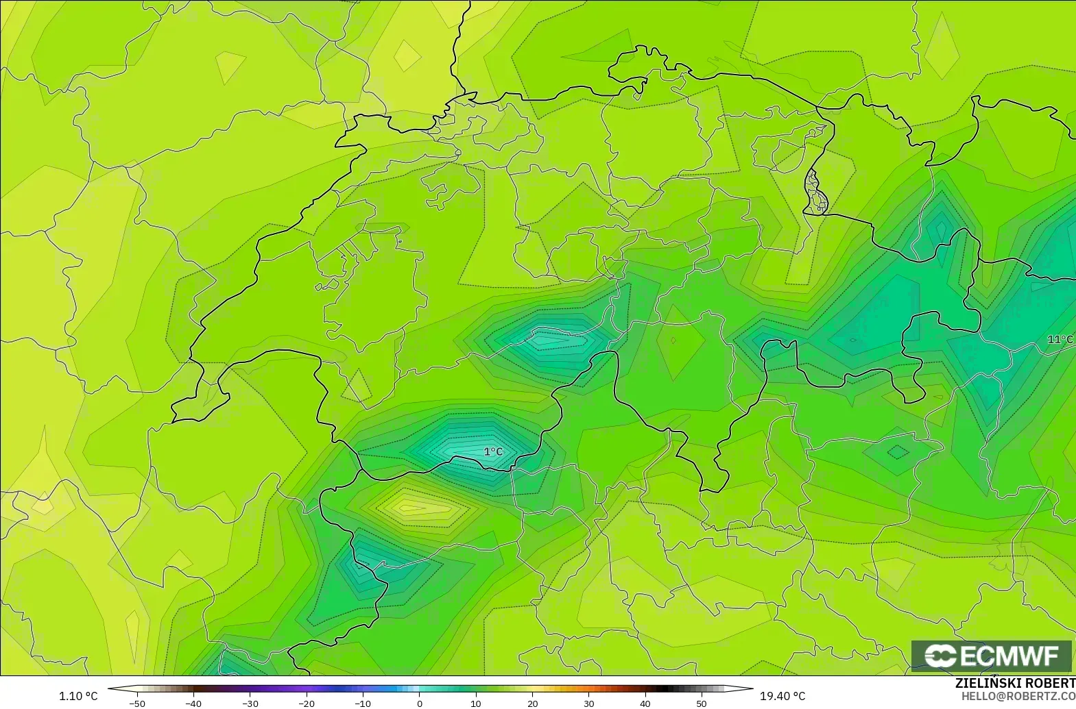ECMWF IFS 0.25° modelo - Suiza, Temperatura a 2 m