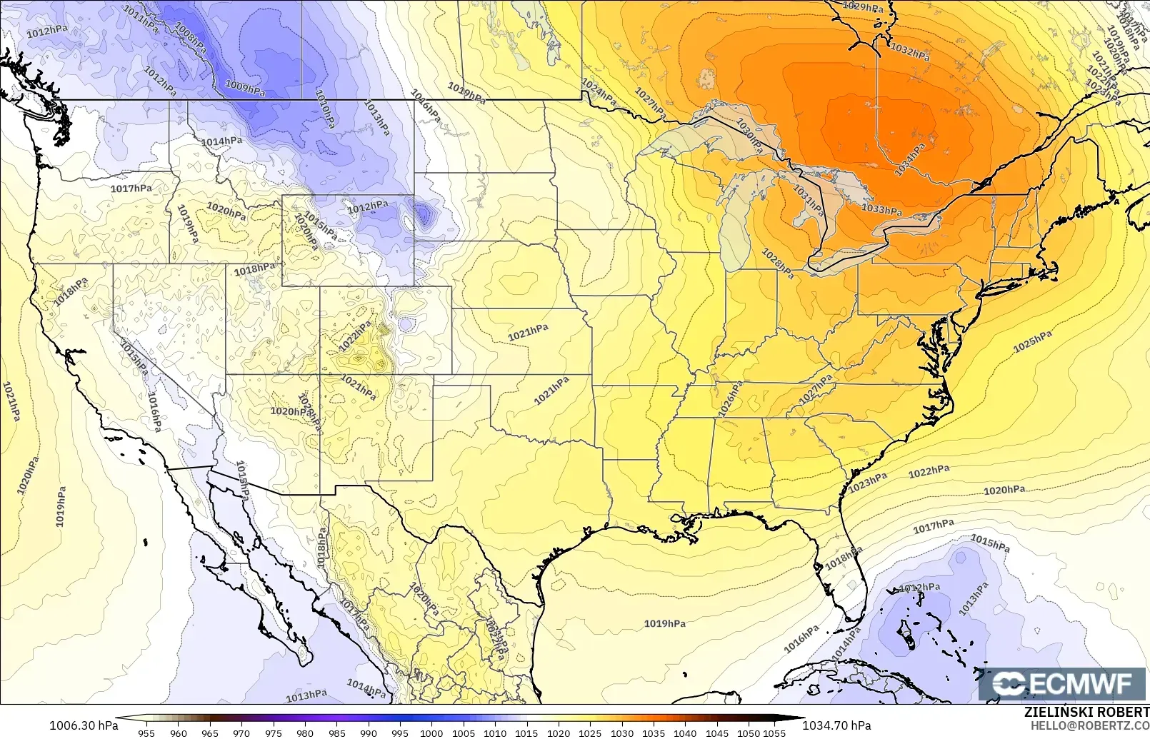 ECMWF IFS 0.25° modelo - Estados Unidos, Presión