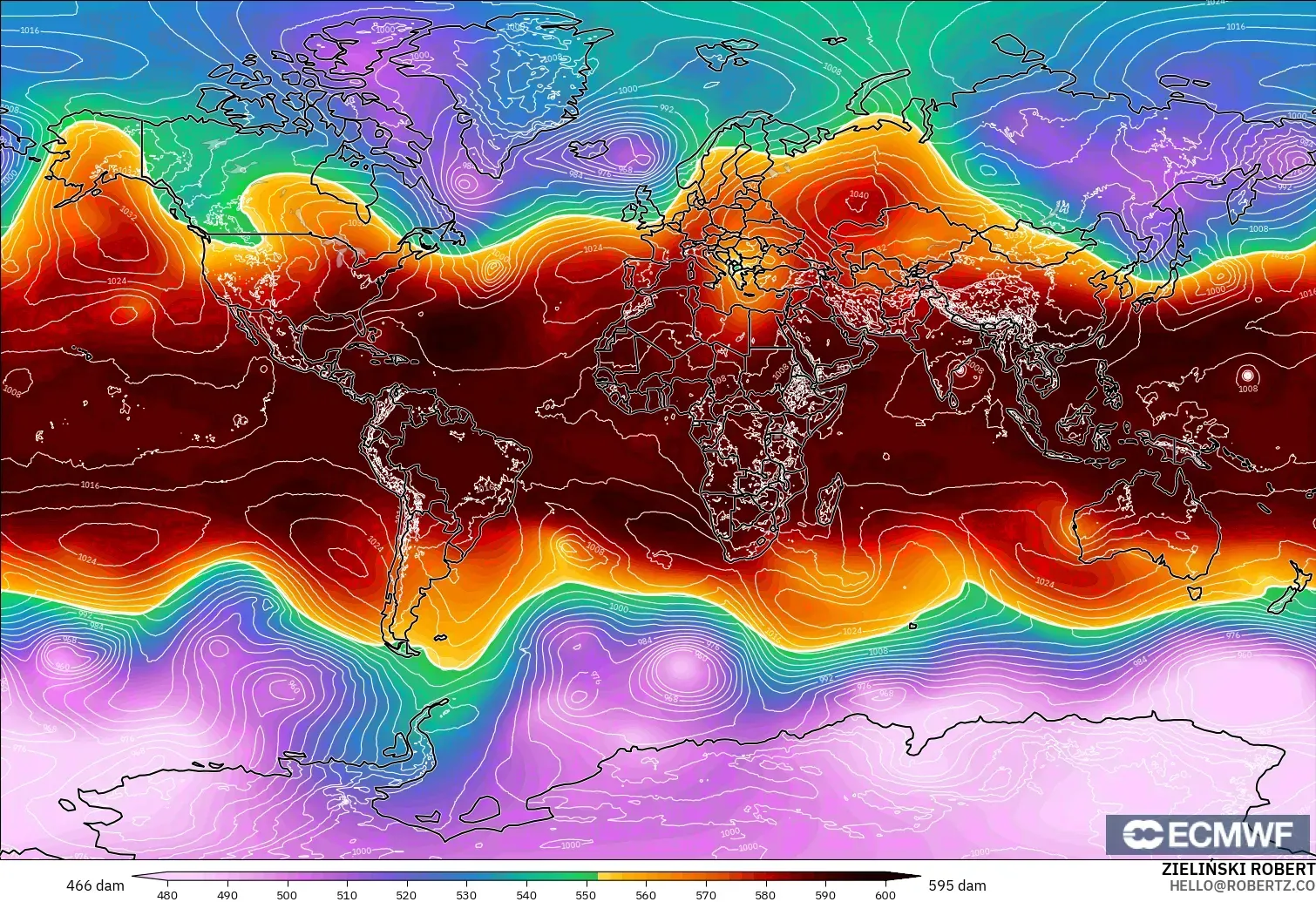 ECMWF IFS 0.25° modelo - Mundo, Altura geopotencial a 500 hPa