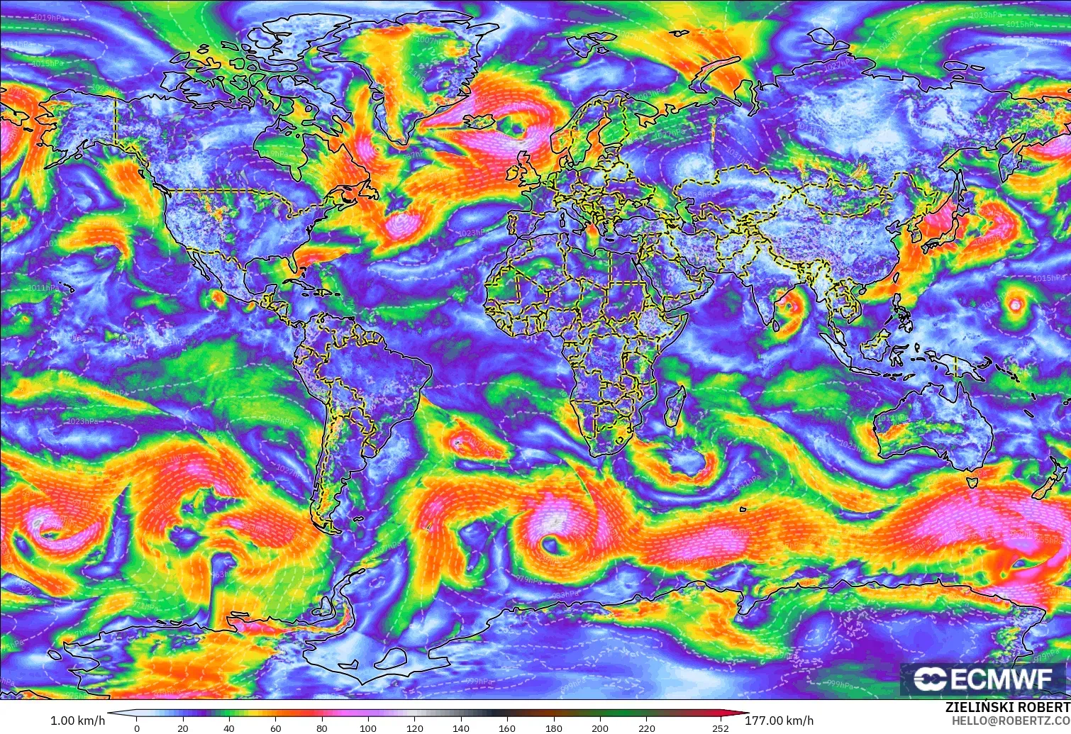 ECMWF IFS 0.25° modelo - Mundo, Ráfagas de viento