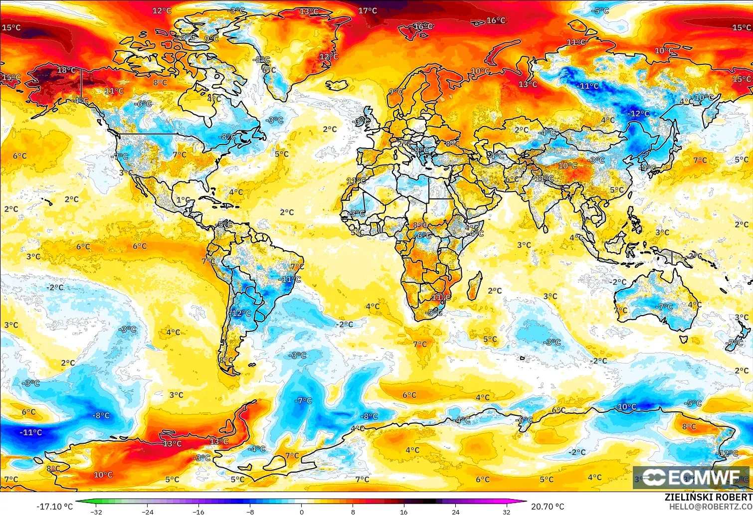 ECMWF IFS 0.25° modelo - Mundo, Anomalía de temperatura a 2 m