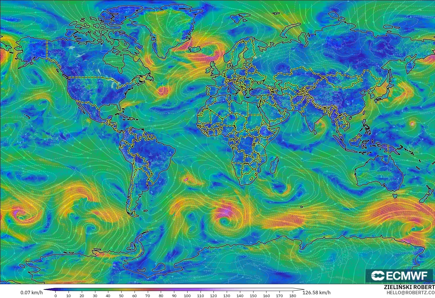 ECMWF IFS 0.25° modelo - Mundo, Viento a 10 m