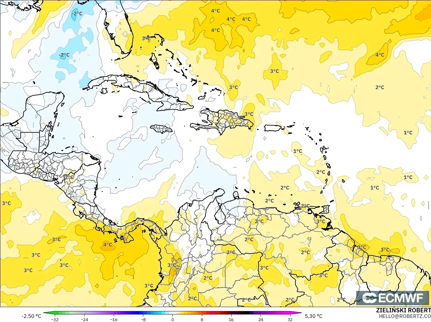 ECMWF IFS 0.25° modelo - Caribe, Anomalía de temperatura a 850 hPa