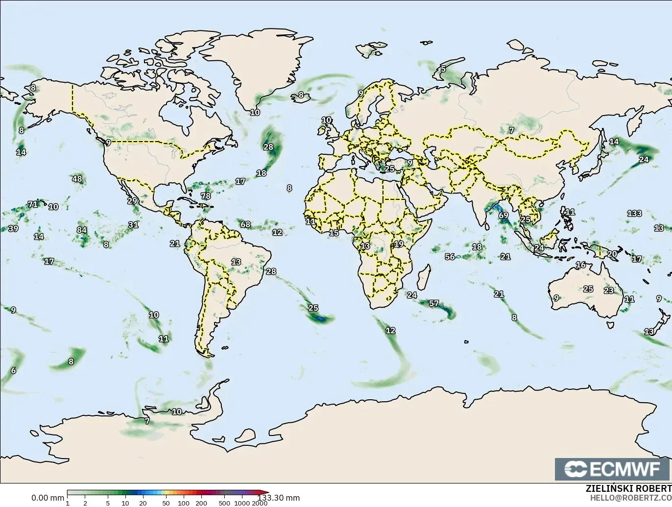 ECMWF IFS 0.25° modelo - Mundo, Acumulación de precipitación