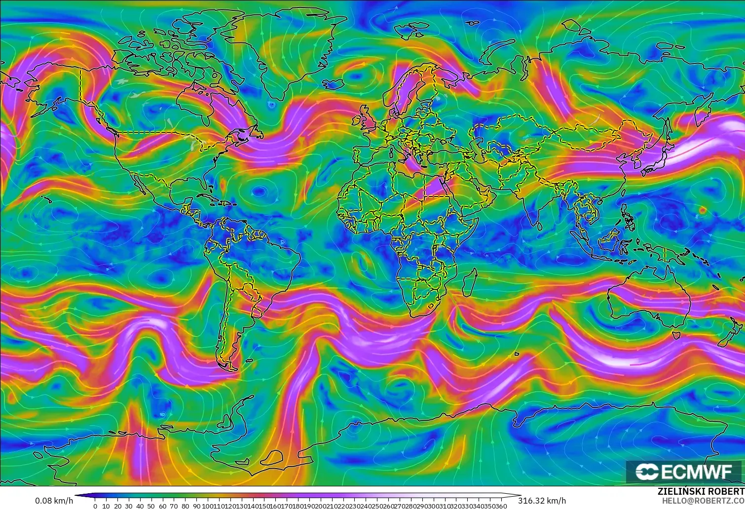 ECMWF IFS 0.25° modelo - Mundo, Viento a 300 hPa (corriente en chorro)