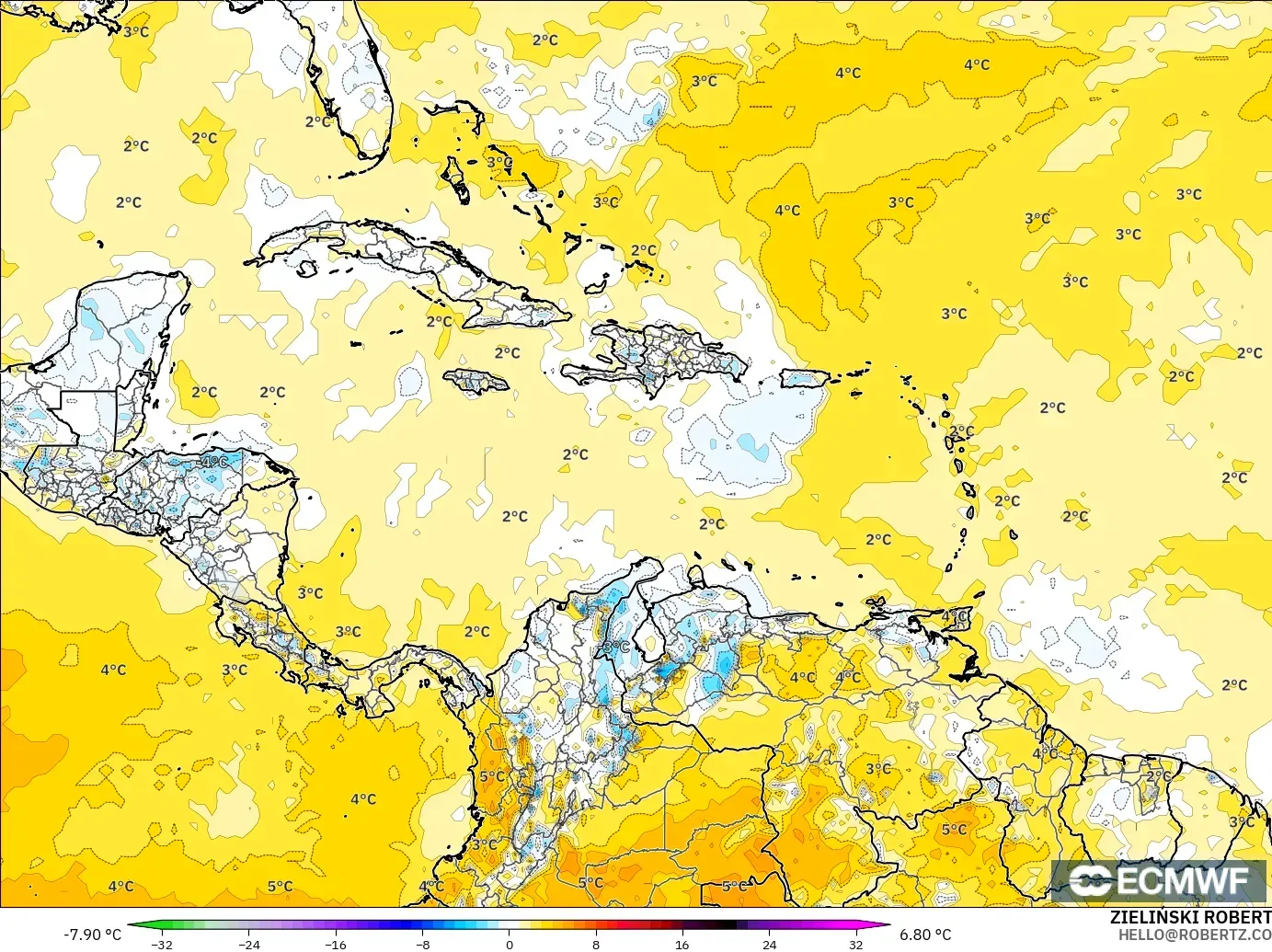ECMWF IFS 0.25° modelo - Caribe, Anomalía de temperatura a 2 m