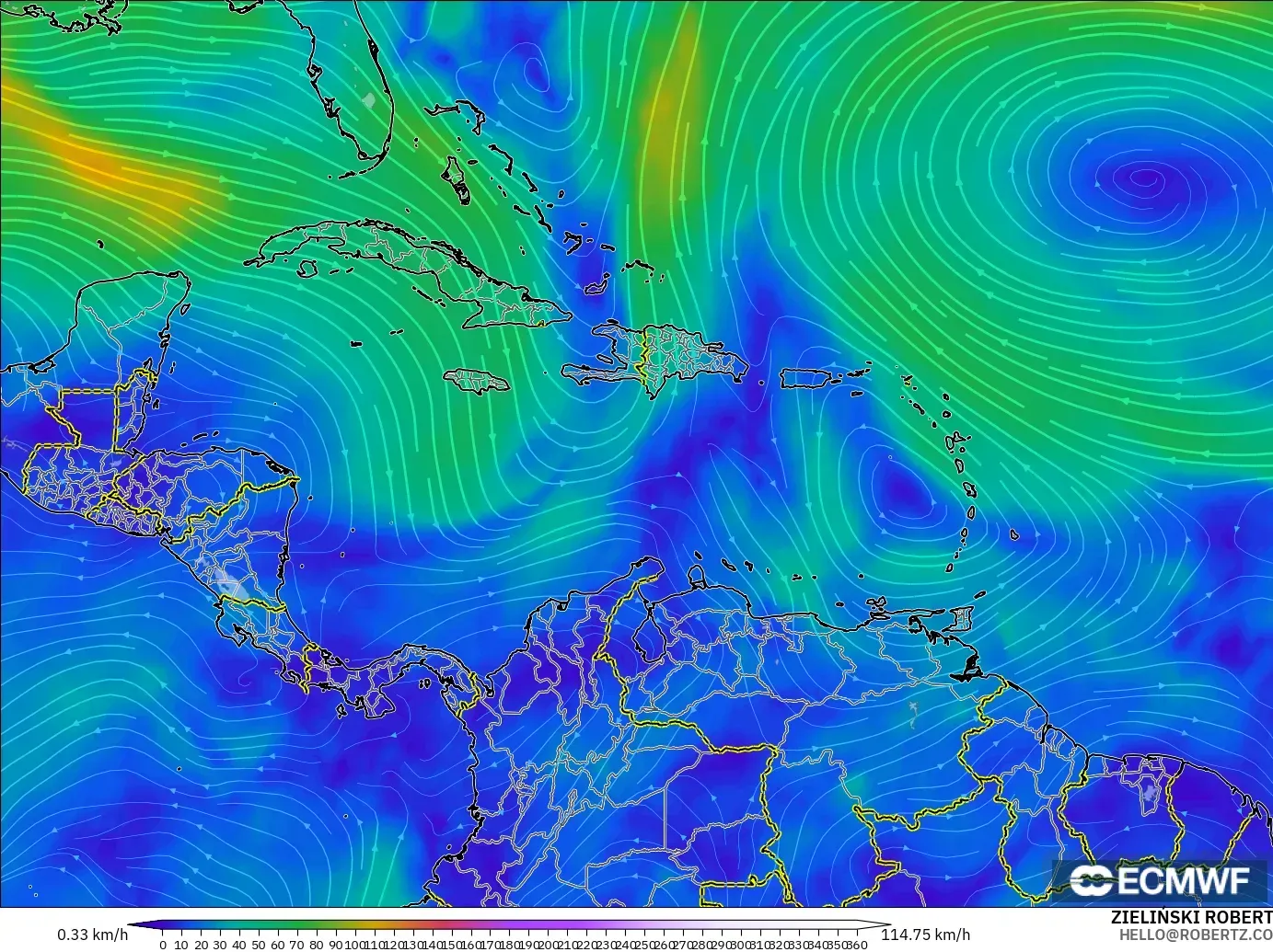 ECMWF IFS 0.25° modelo - Caribe, Viento a 300 hPa (corriente en chorro)