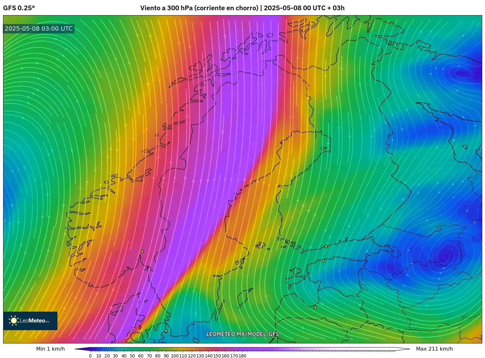 GFS - Escandinavia, Viento a 300 hPa (corriente en chorro) GFS - Escandinavia, Viento a 300 hPa (corriente en chorro)
