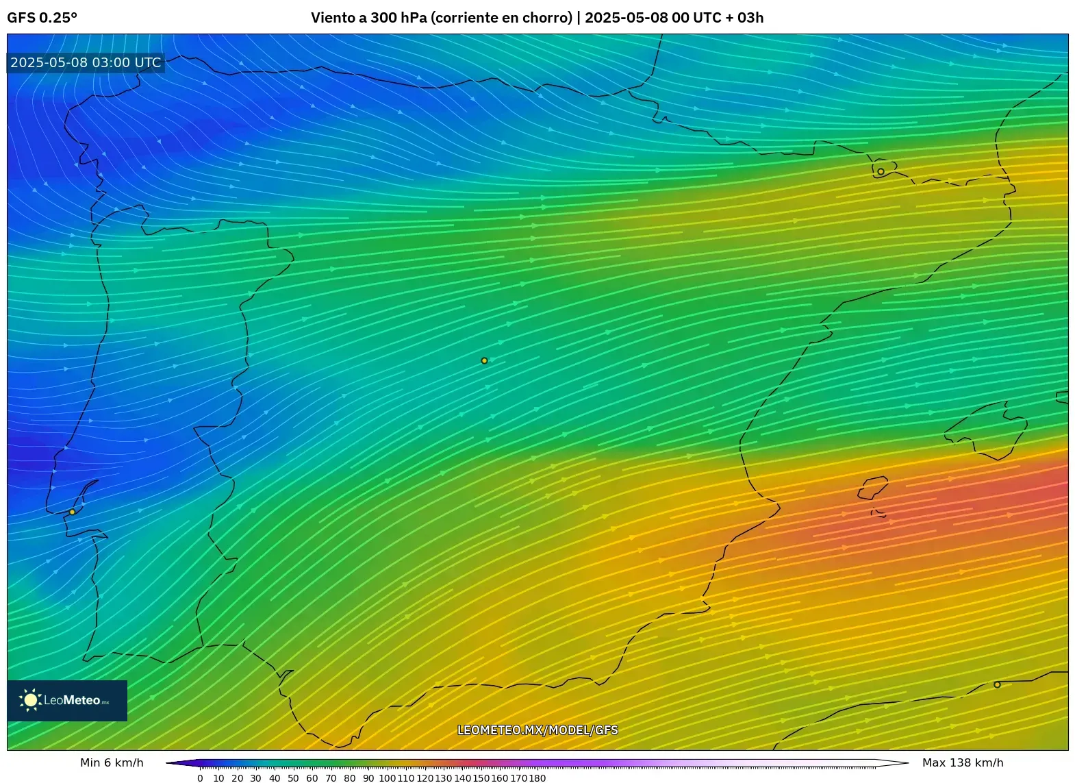 GFS - España, Viento a 300 hPa (corriente en chorro) GFS - España, Viento a 300 hPa (corriente en chorro)
