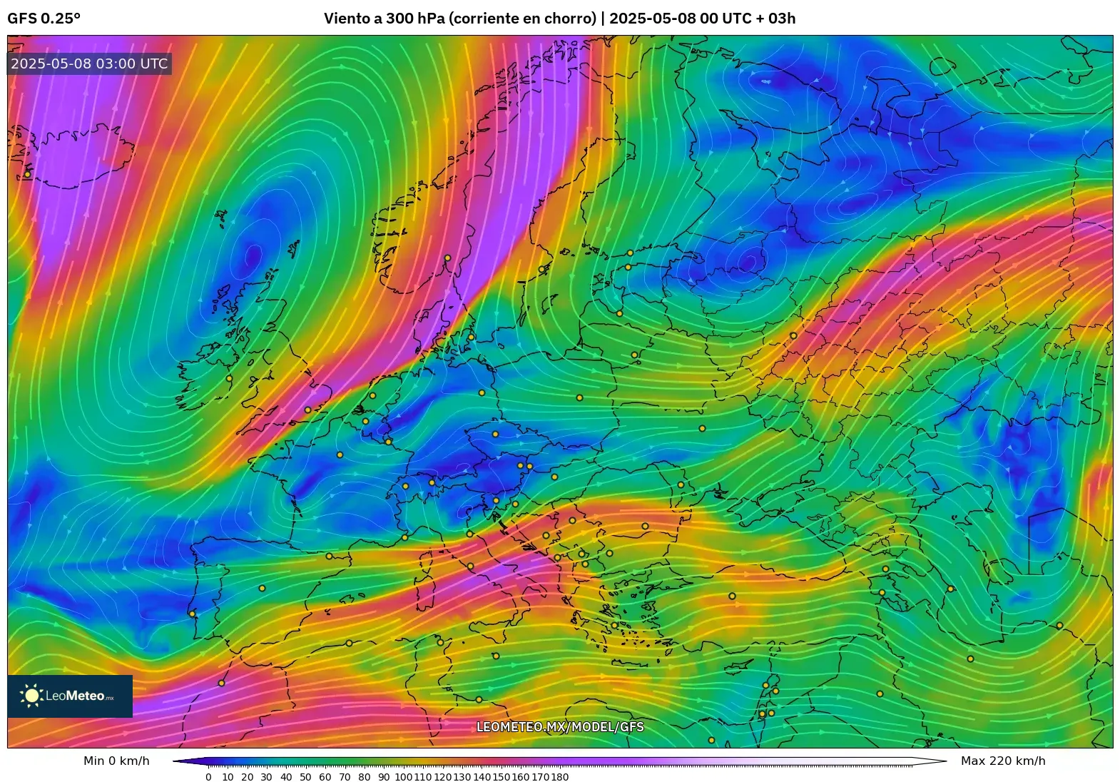 GFS - Europa, Viento a 300 hPa (corriente en chorro)
