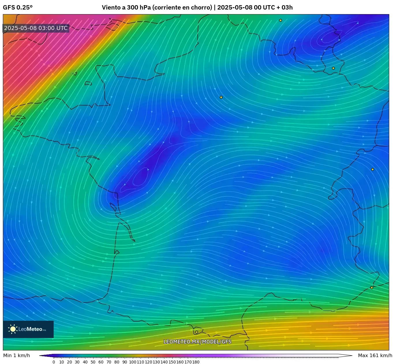 GFS - Francia, Viento a 300 hPa (corriente en chorro) GFS - Francia, Viento a 300 hPa (corriente en chorro)