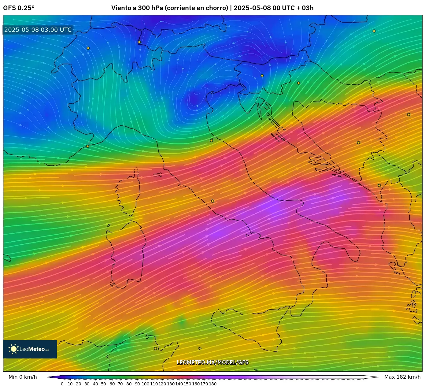 GFS - Italia, Viento a 300 hPa (corriente en chorro) GFS - Italia, Viento a 300 hPa (corriente en chorro)