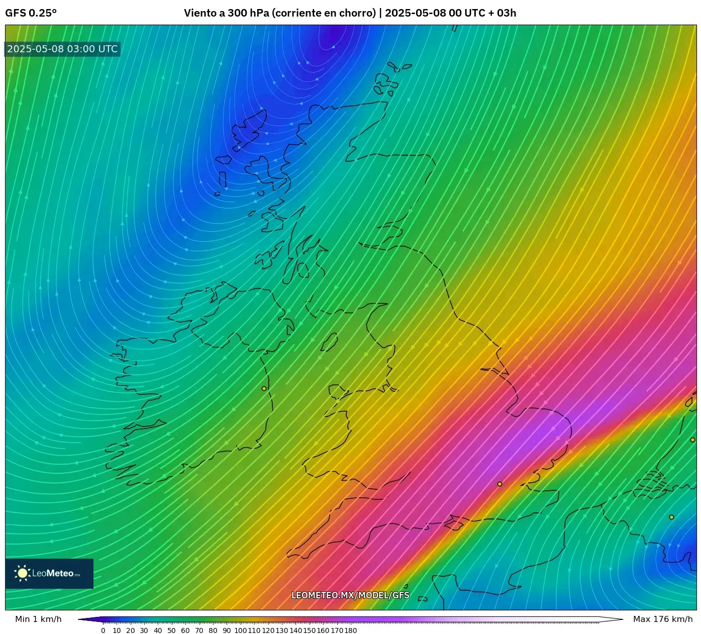 GFS - Reino Unido, Viento a 300 hPa (corriente en chorro) GFS - Reino Unido, Viento a 300 hPa (corriente en chorro)