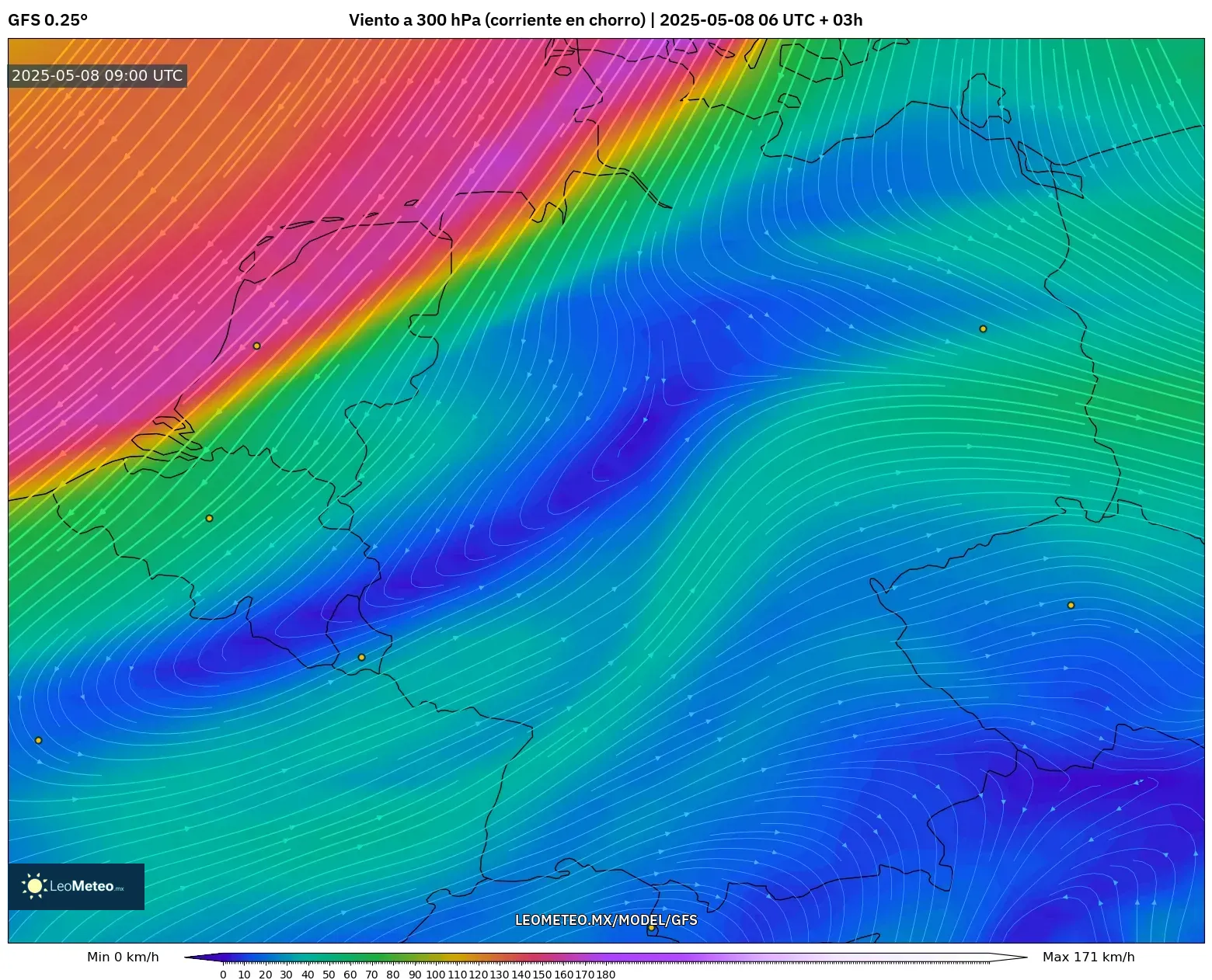 GFS - Alemania, Viento a 300 hPa (corriente en chorro) GFS - Alemania, Viento a 300 hPa (corriente en chorro)