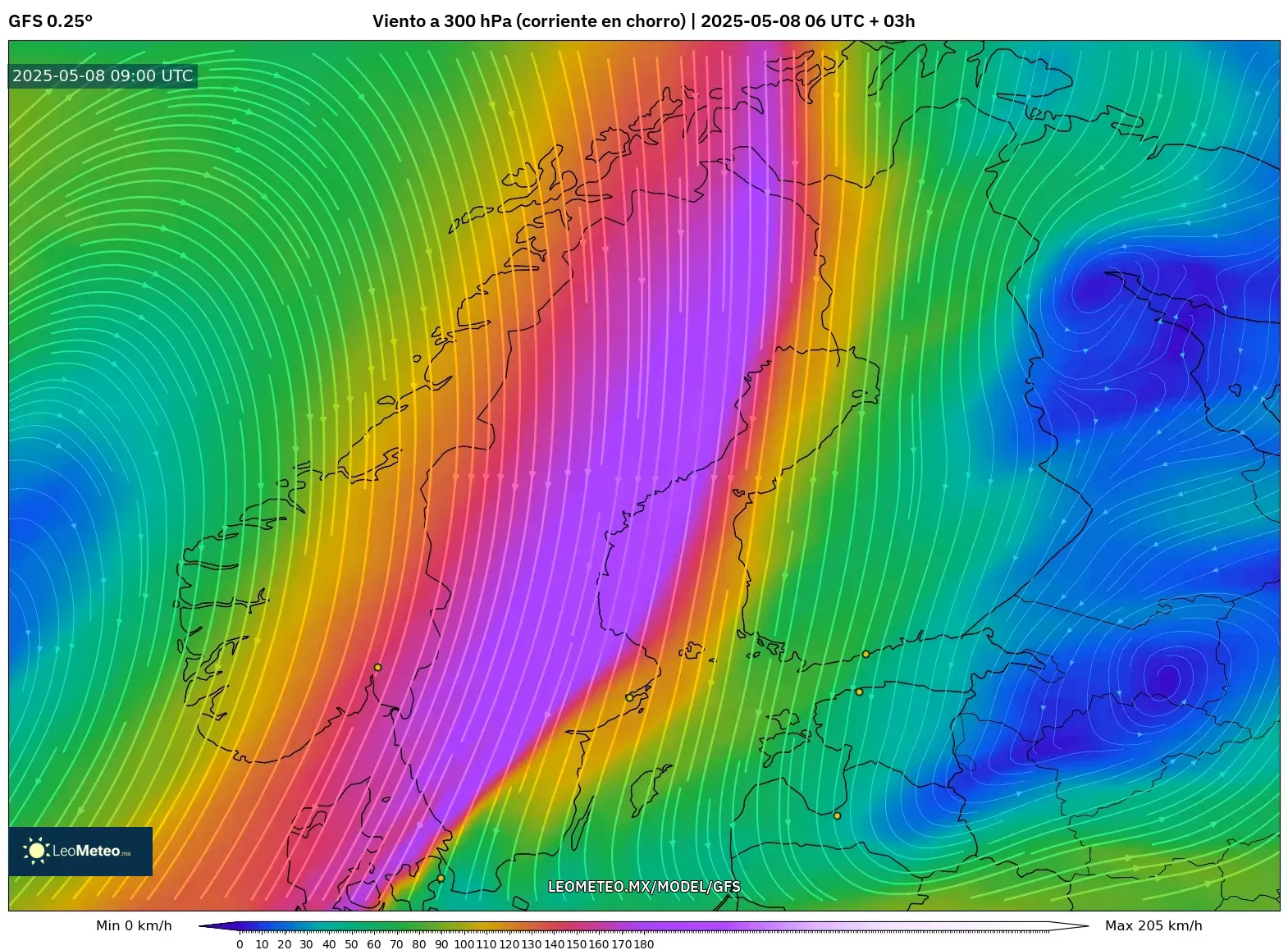 GFS - Escandinavia, Viento a 300 hPa (corriente en chorro) GFS - Escandinavia, Viento a 300 hPa (corriente en chorro)
