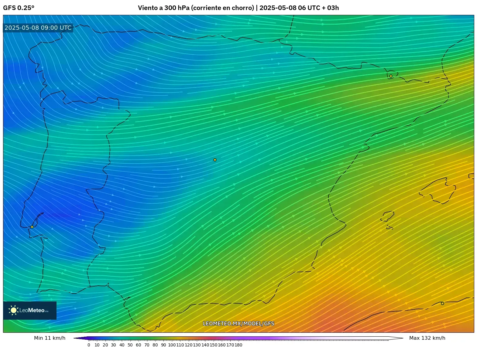 GFS - España, Viento a 300 hPa (corriente en chorro) GFS - España, Viento a 300 hPa (corriente en chorro)