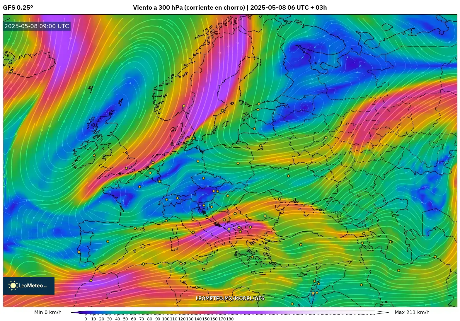 GFS - Europa, Viento a 300 hPa (corriente en chorro)