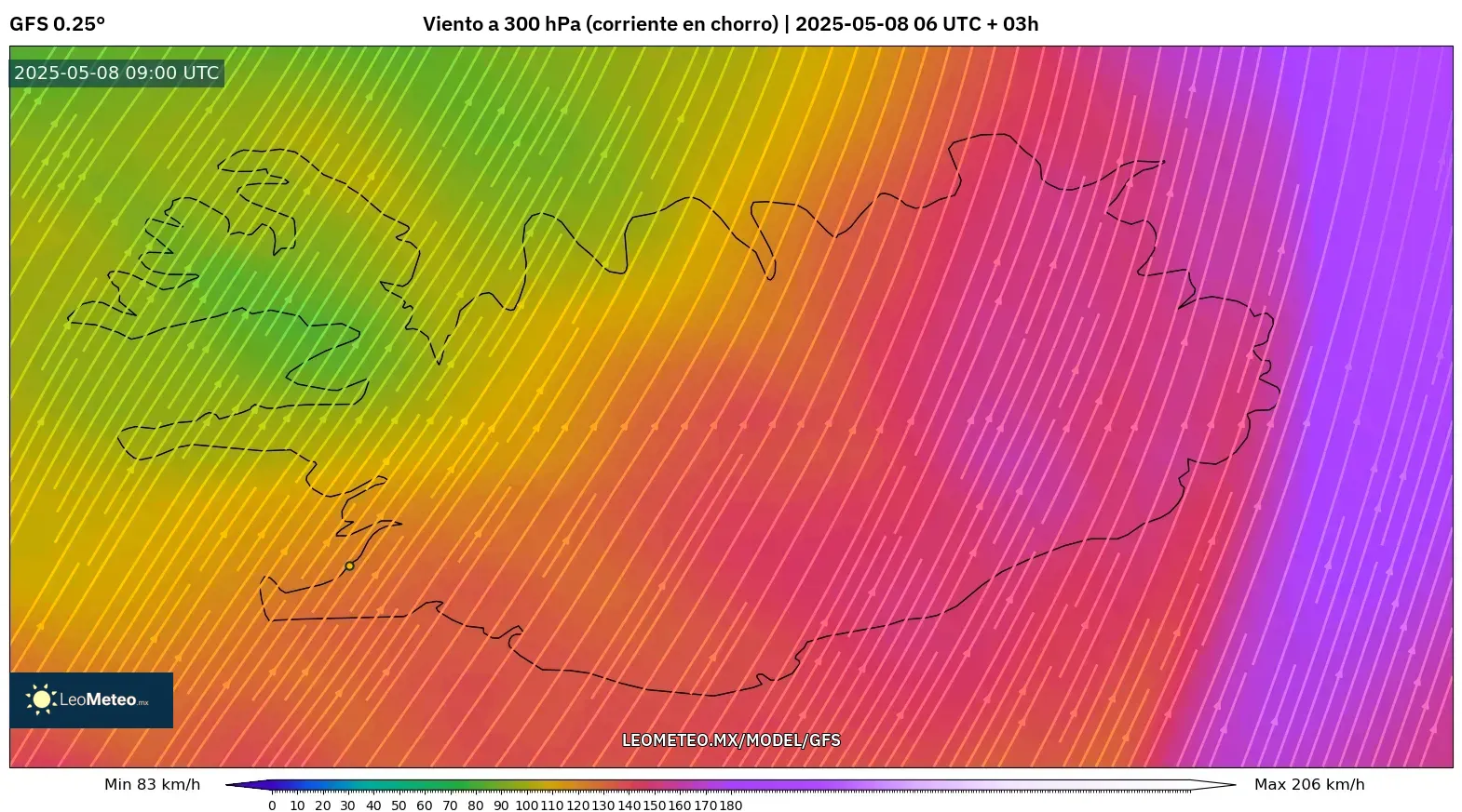 GFS - Islandia, Viento a 300 hPa (corriente en chorro) GFS - Islandia, Viento a 300 hPa (corriente en chorro)