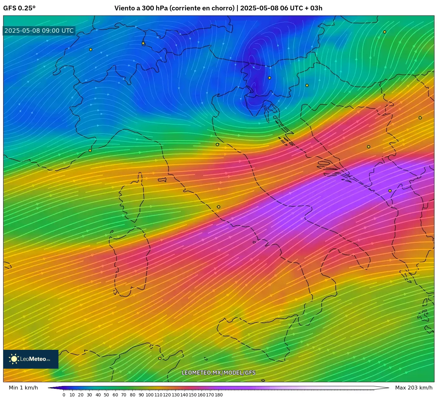 GFS - Italia, Viento a 300 hPa (corriente en chorro)