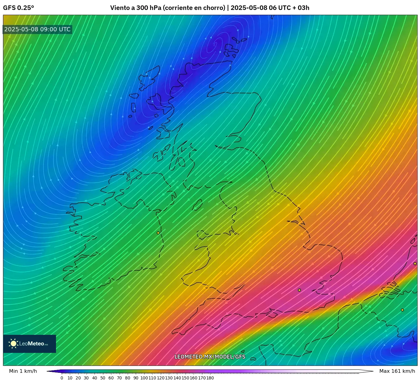 GFS - Reino Unido, Viento a 300 hPa (corriente en chorro) GFS - Reino Unido, Viento a 300 hPa (corriente en chorro)