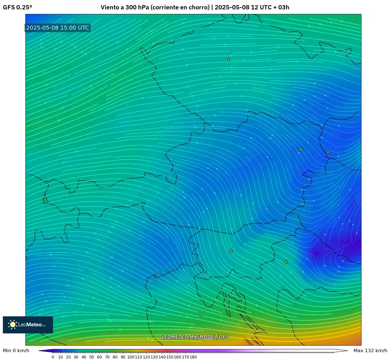 GFS - Austria, Viento a 300 hPa (corriente en chorro) GFS - Austria, Viento a 300 hPa (corriente en chorro)