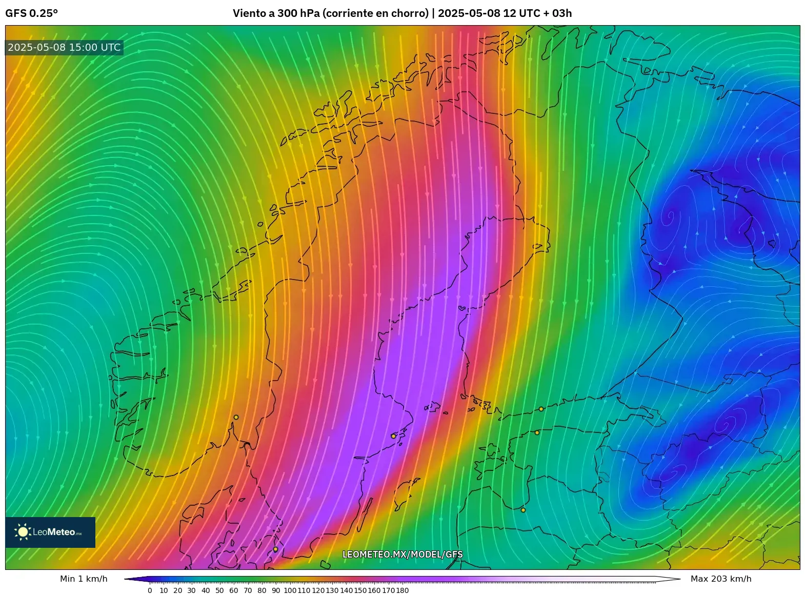 GFS - Escandinavia, Viento a 300 hPa (corriente en chorro) GFS - Escandinavia, Viento a 300 hPa (corriente en chorro)