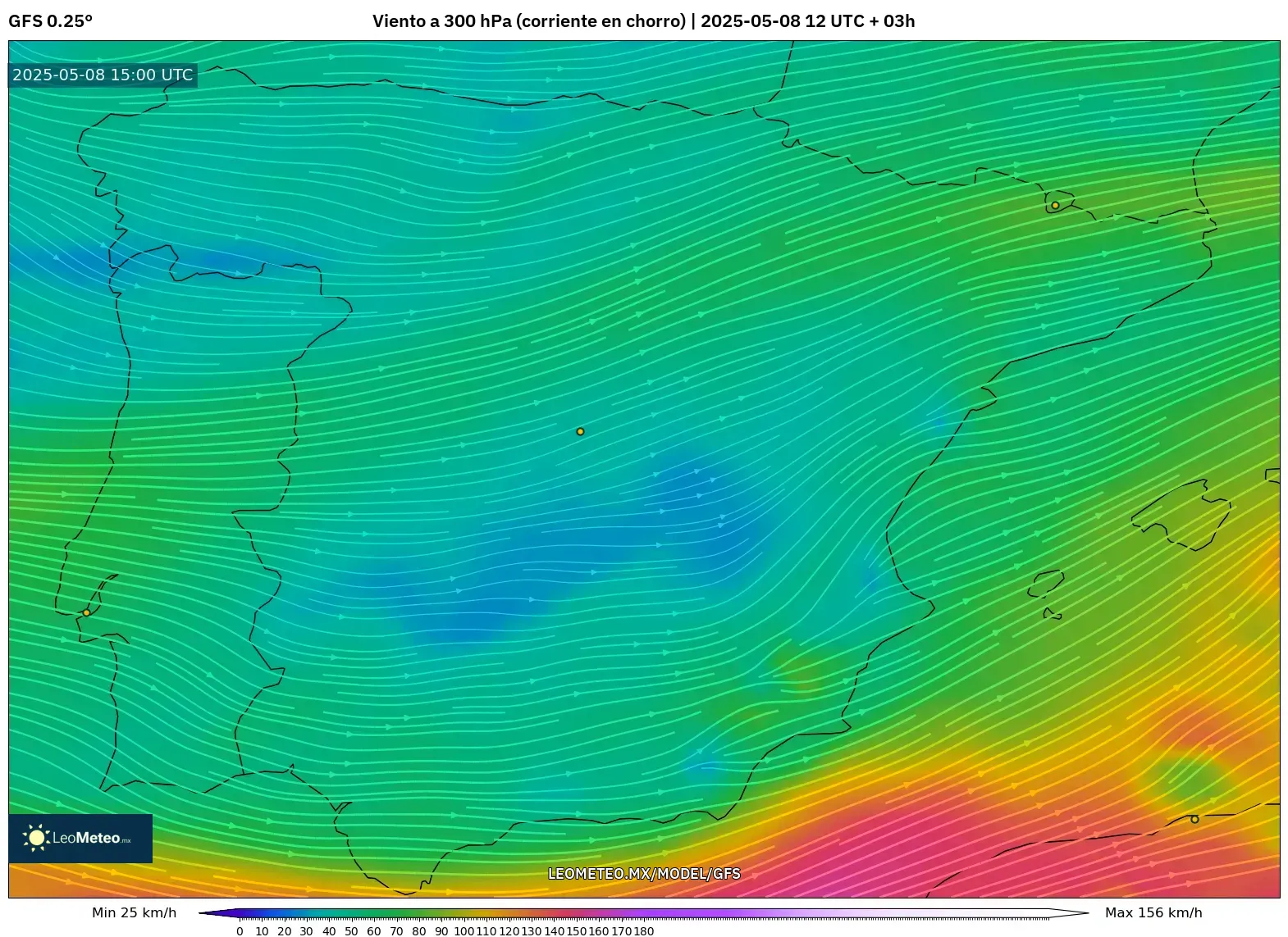 GFS - España, Viento a 300 hPa (corriente en chorro) GFS - España, Viento a 300 hPa (corriente en chorro)