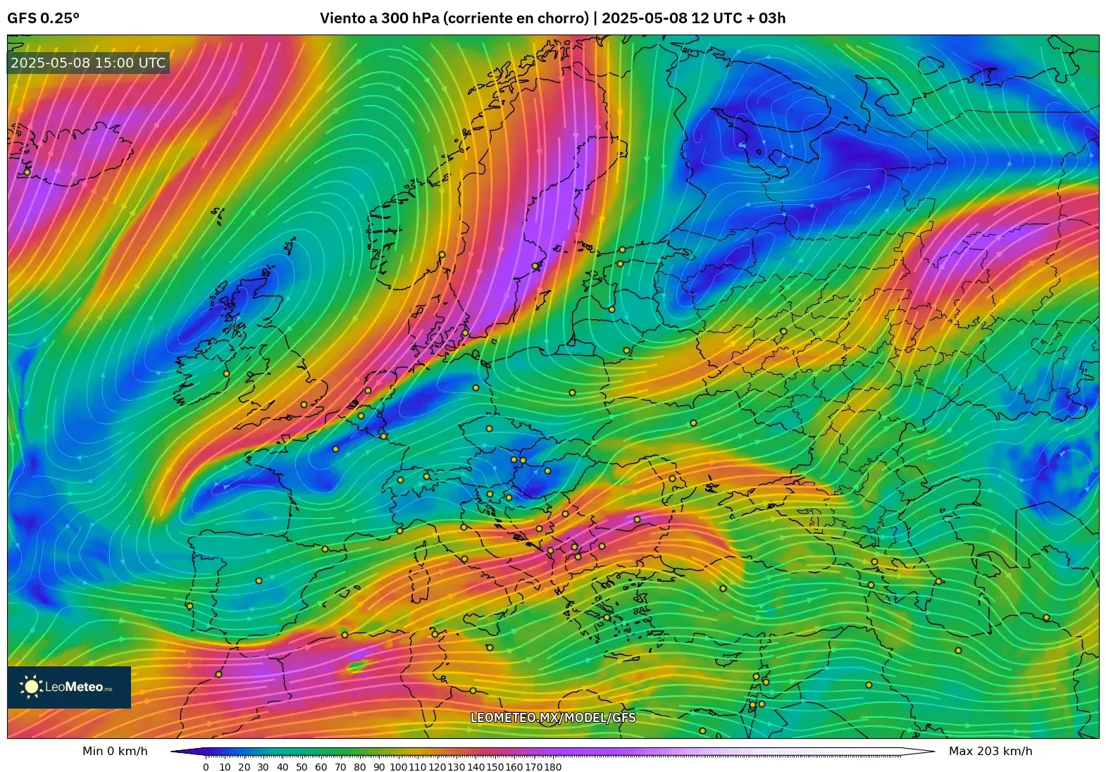 GFS - Europa, Viento a 300 hPa (corriente en chorro)