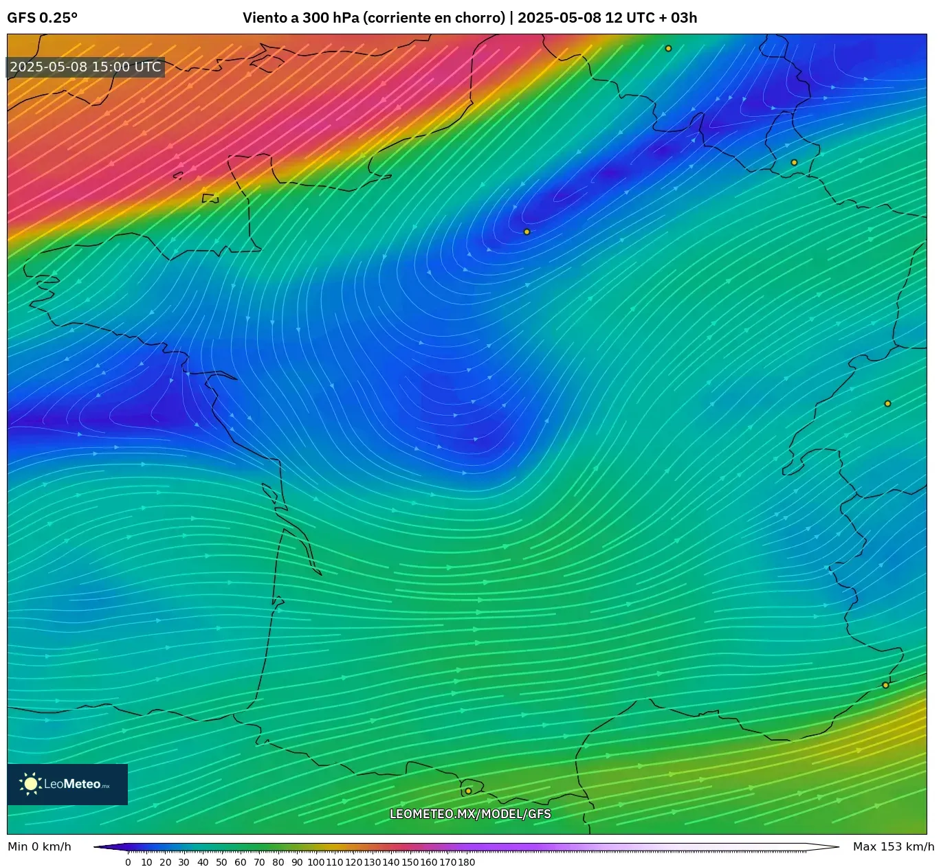 GFS - Francia, Viento a 300 hPa (corriente en chorro) GFS - Francia, Viento a 300 hPa (corriente en chorro)