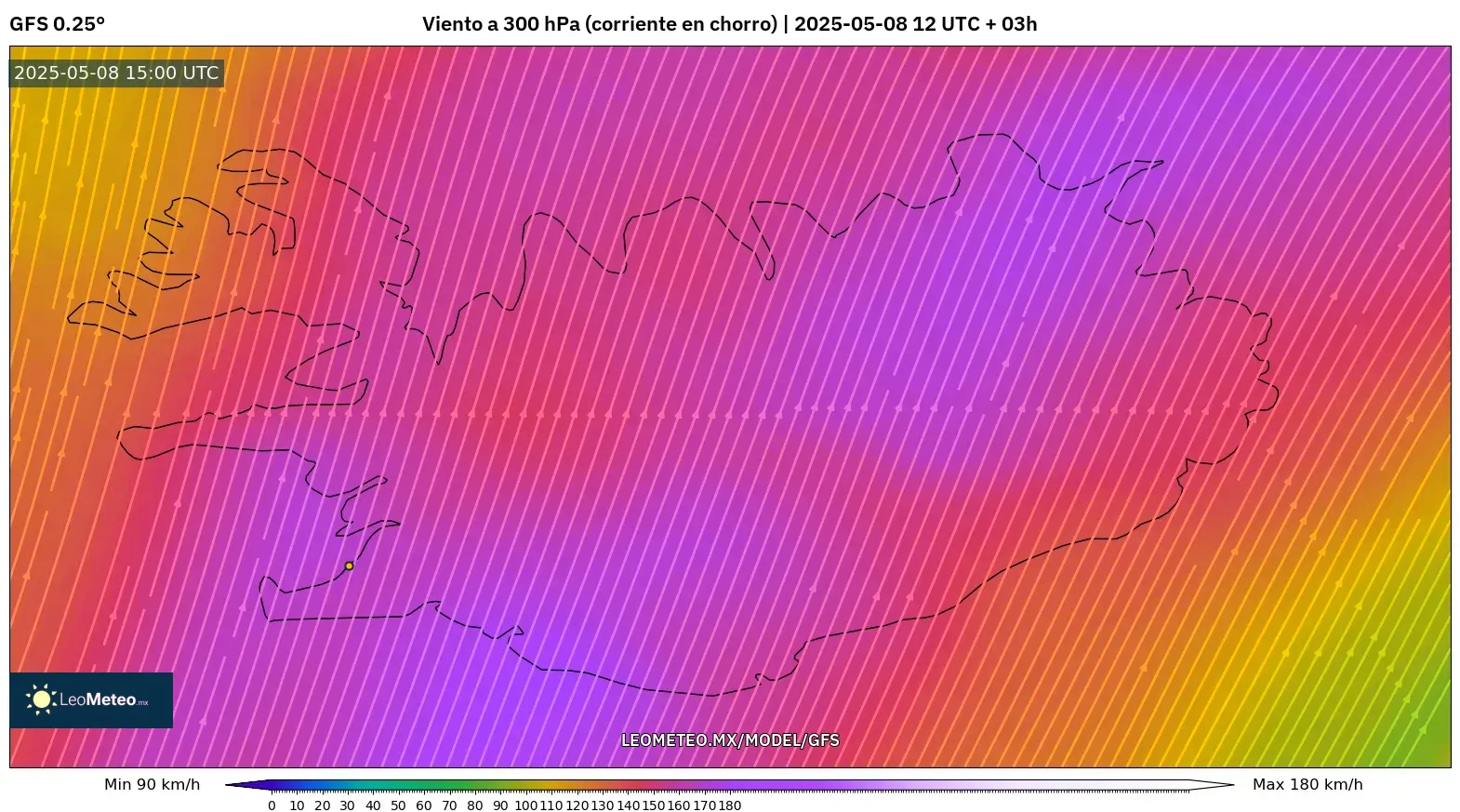 GFS - Islandia, Viento a 300 hPa (corriente en chorro) GFS - Islandia, Viento a 300 hPa (corriente en chorro)