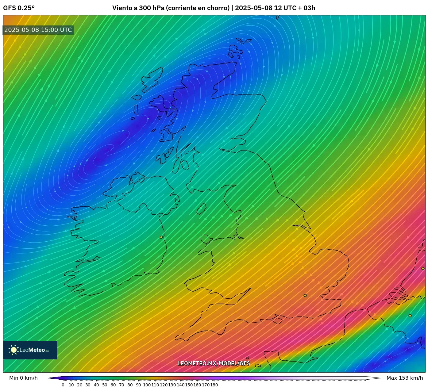 GFS - Reino Unido, Viento a 300 hPa (corriente en chorro) GFS - Reino Unido, Viento a 300 hPa (corriente en chorro)