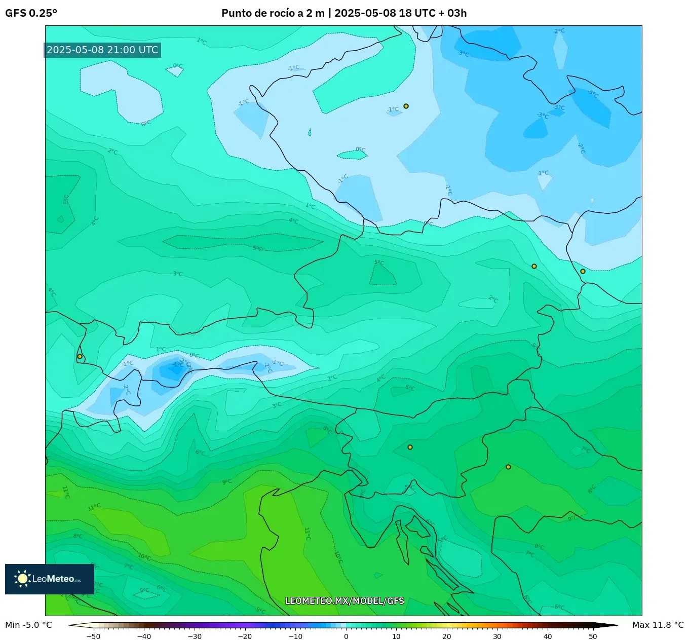 GFS - Austria, Punto de rocío a 2 m GFS - Austria, Punto de rocío a 2 m