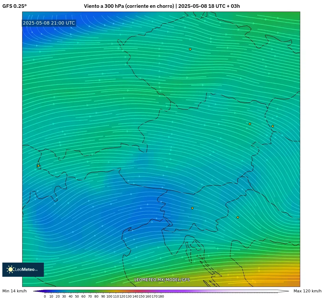 GFS - Austria, Viento a 300 hPa (corriente en chorro) GFS - Austria, Viento a 300 hPa (corriente en chorro)